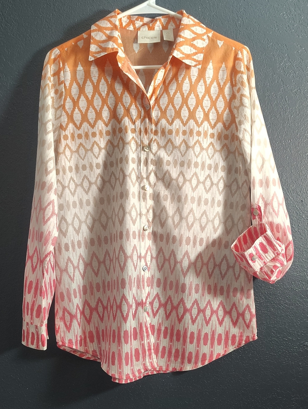 Chico's Orange, Cream & Pink Ikat Ombre Button-Down Shirt